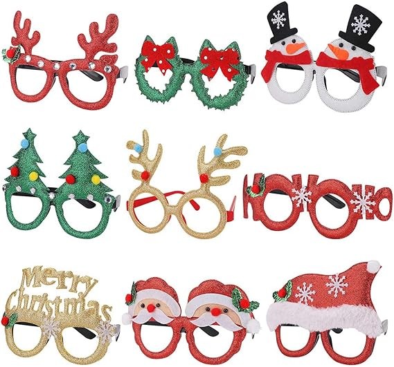 9 Pack Christmas Party Glasses Christmas Glitter Decoration Costume Eyeglasses Frame Unisex Eyeglasses for Holiday Party Decorations Christmas Ornaments Gift, Assorted Styles