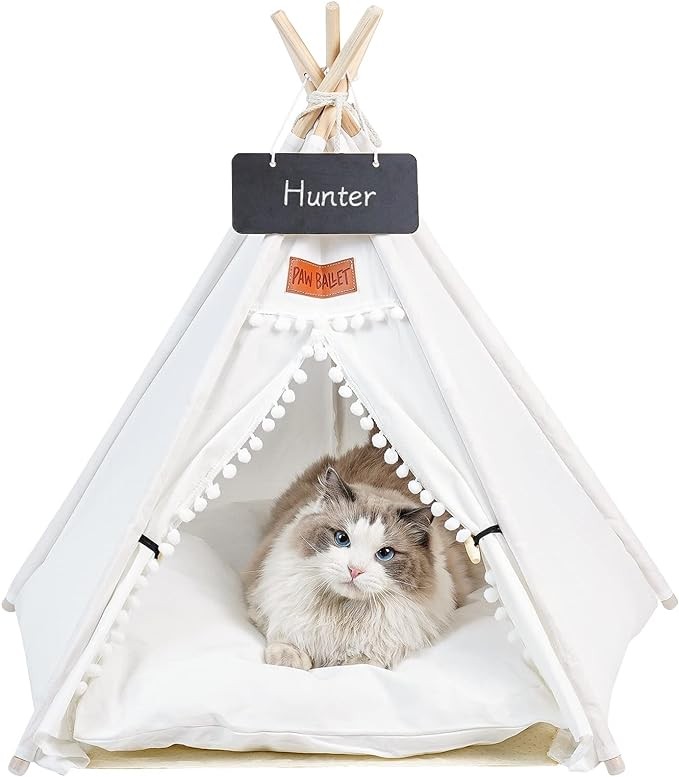 Pet Teepee, 24Inch Portable Cat Teepee Tent, Washable Dog Teepee Tent, Indoor Dog House with Cushion, Pet Tent for Puppy Cat Rabbit(White Ball)